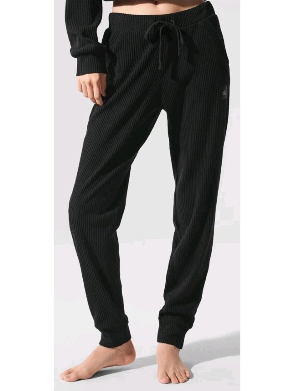 Alo Yoga Pants Womens Muse Ribbed Knit Sweatpants Jogger Black Lounge Casual Med